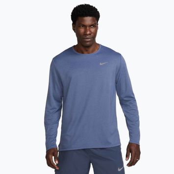 Uomo Nike Miler Dri-Fit UV diffuso blu a maniche lunghe da corsa