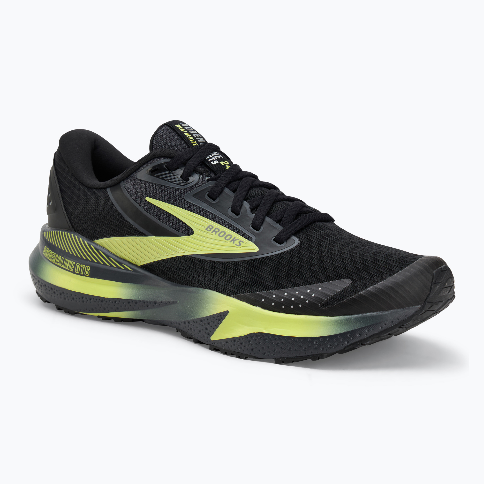 Scarpe da corsa Brooks Adrenaline GTS 24 da uomo, nero/ebano/nuovo giallo, resistenti alle intemperie (42.5 EU) (Adrenaline GTS 24 Weatherized