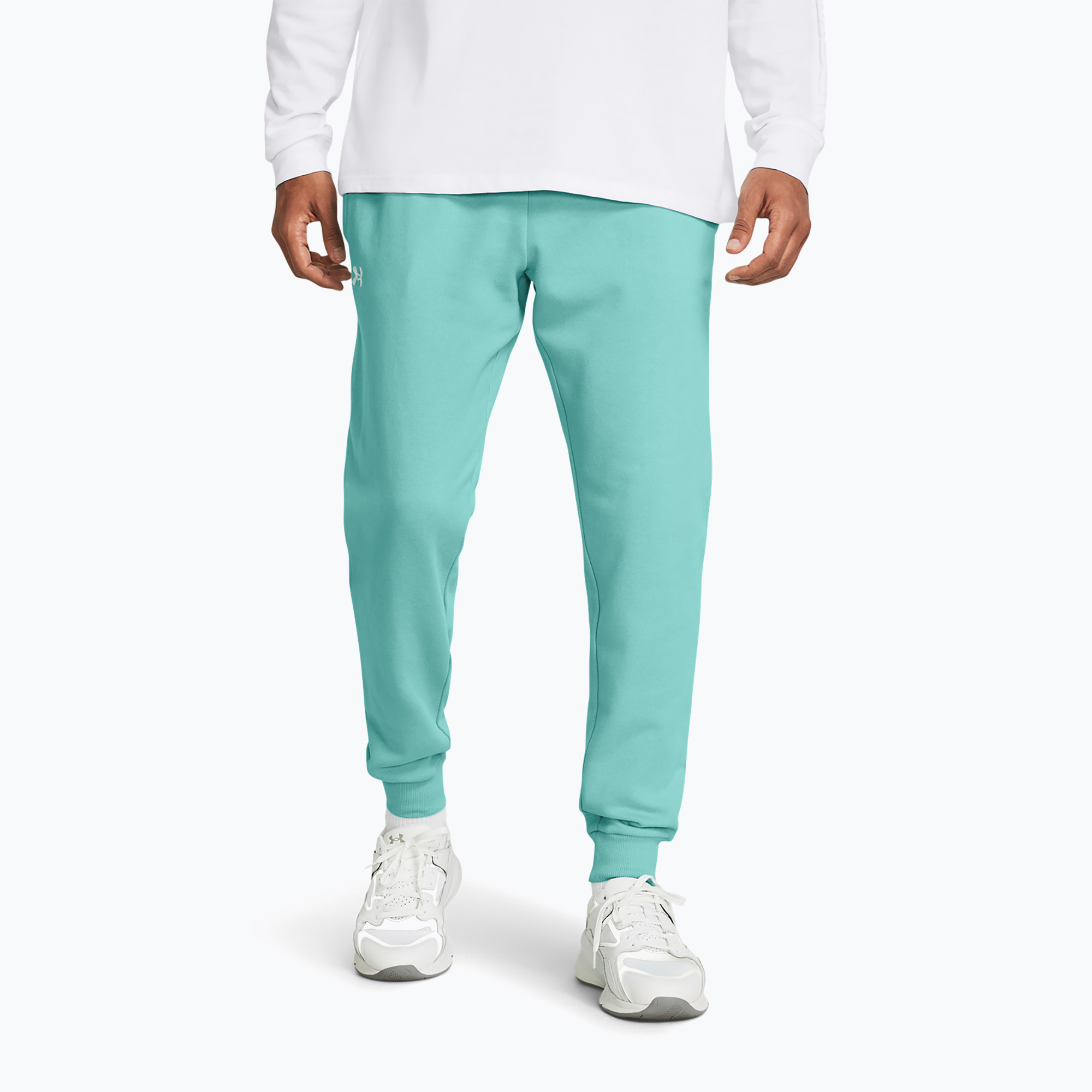 Pantaloni Under Armour Rival Fleece Joggers da uomo in turchese radiale/bianco (S) (Rival Fleece Joggers 1379774-482)