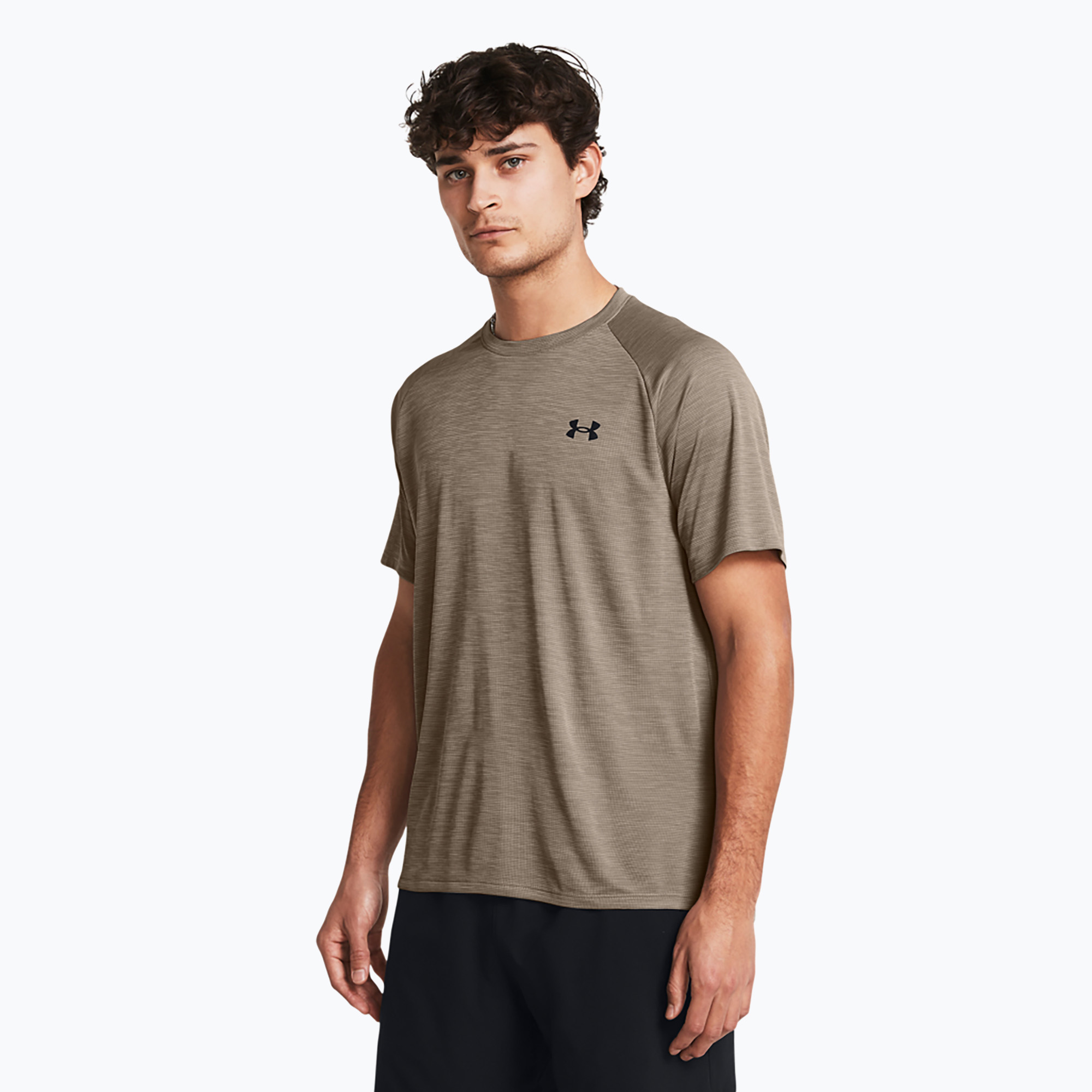 Maglietta da allenamento Under Armour Tech Textured taupe dusk/nero da uomo (S) (Tech Textured 1382796-200)