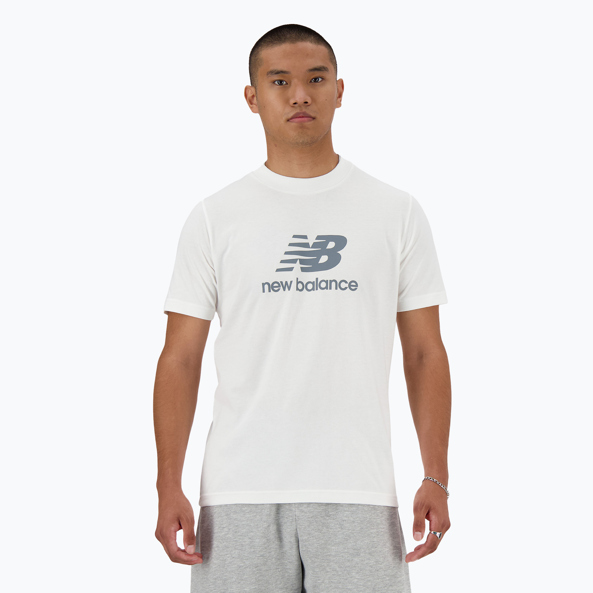 T-shirt New Balance Uomo con logo impilato, bianco (L) (Stacked Logo MT41502WT)