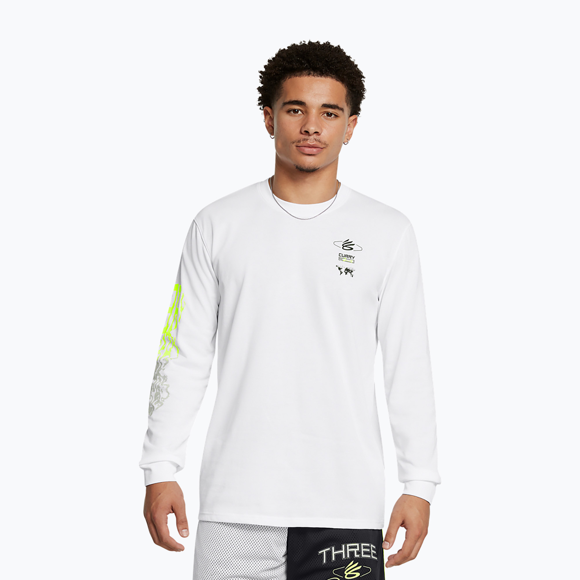 Under Armour Curry Verbiage Heavyweight manica lunga da uomo bianco/giallo alta visibilità/nero (S) (Curry Verbiage Heavyweight LS 1387109-100)