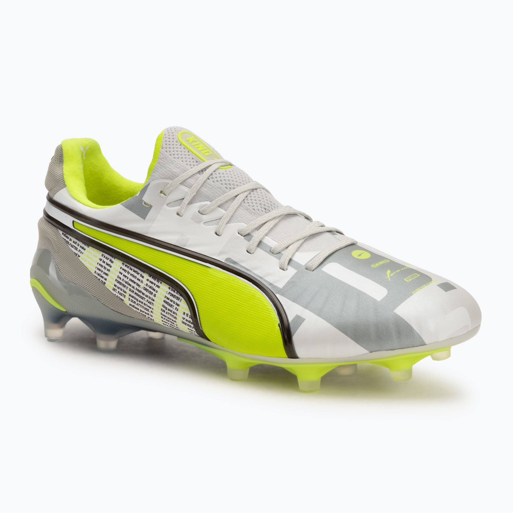 PUMA King Ultimate Forever FG/AG scarpe da calcio da uomo grigio piuma / lime elettrico / puma bianco / grigio chiaro piatto (39 EU) (King Ultimate