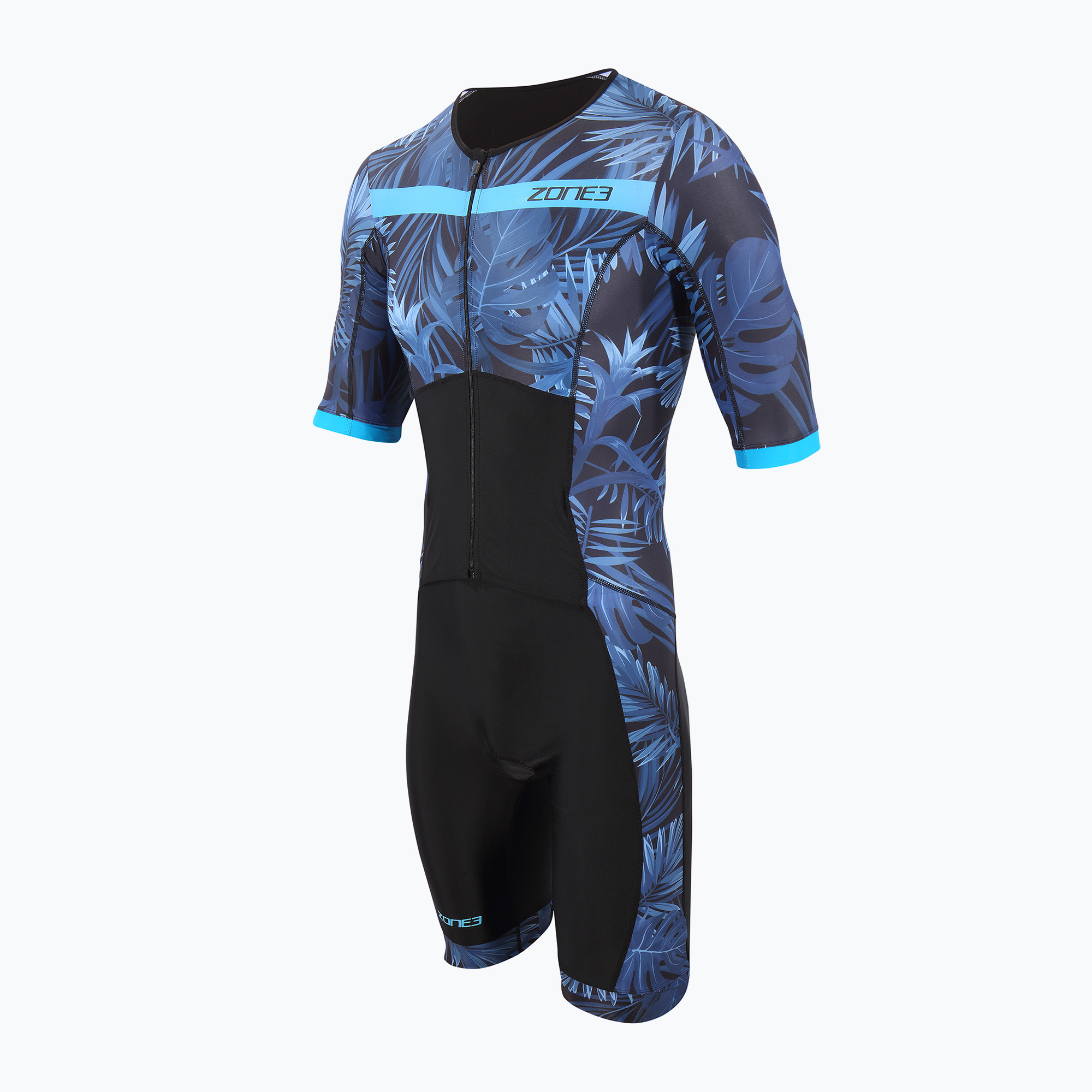 ZONE3 Activate+ Tuta da triathlon da uomo Tropical Palm a manica corta con zip completa navy/blu (XXL) (Activate+ Tropical Palm Full Zip Trisuit