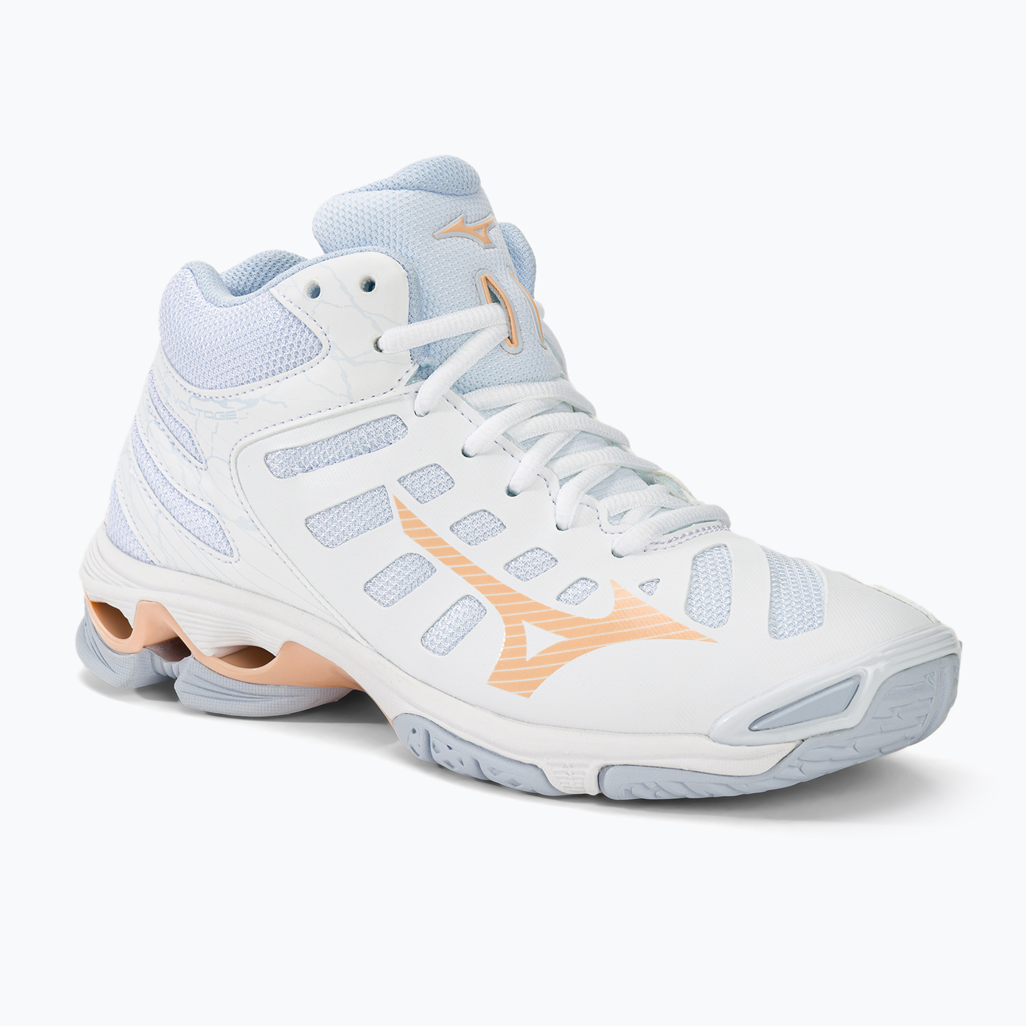 Scarpe da pallavolo donna Mizuno Wave Voltage Mid bianco/pesca parfait/blu alogeno (36.5 EU) (Wave Voltage Mid V1GC216535)