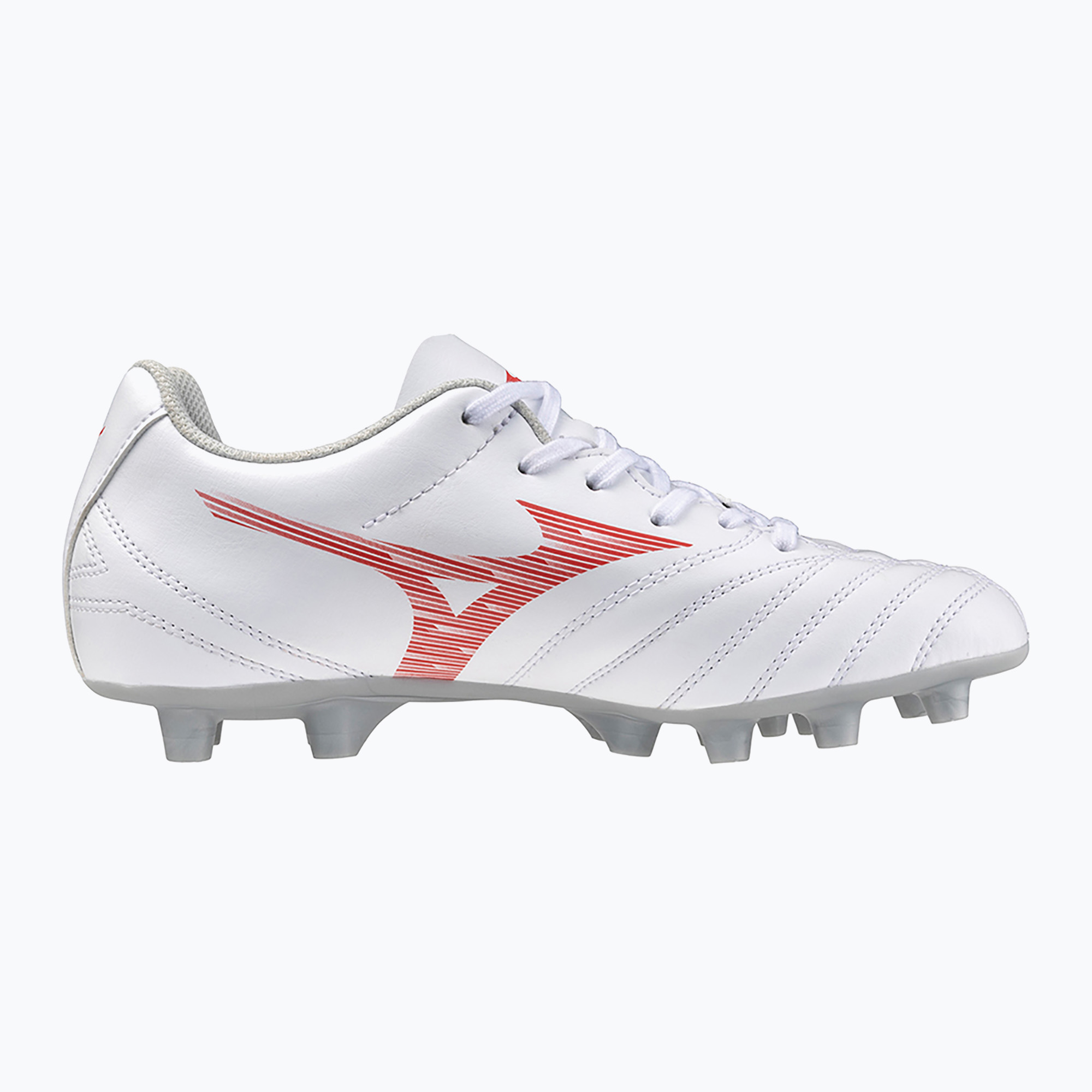 Scarpe da calcio Mizuno Monarcida Neo III Select Jr MD da bambino bianco/rosso radiante (32.5 EU) (Monarcida Neo III Select Jr P1GB242560)