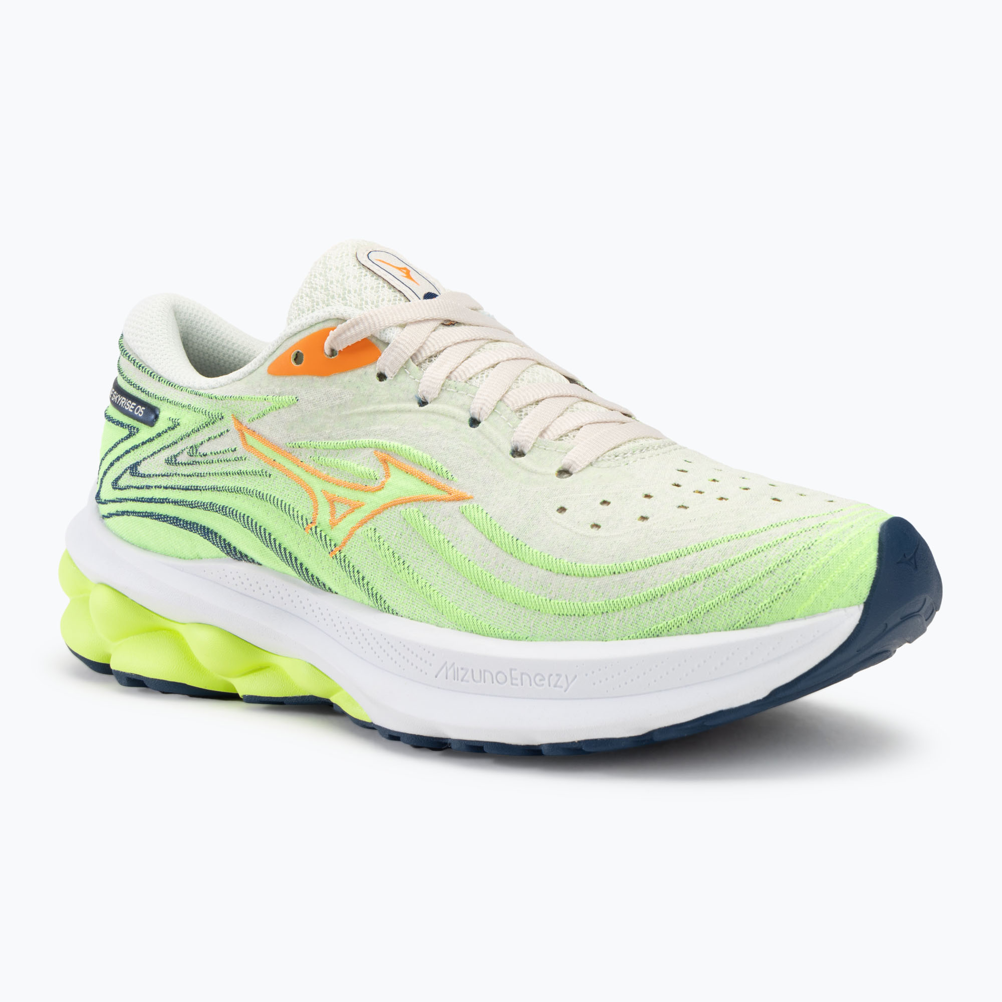Scarpe da corsa da donna Mizuno Wave Skyrise 5 pristine/vibrant orange/mizuno neo lime (37 EU) (Wave Skyrise 5 J1GD240972)
