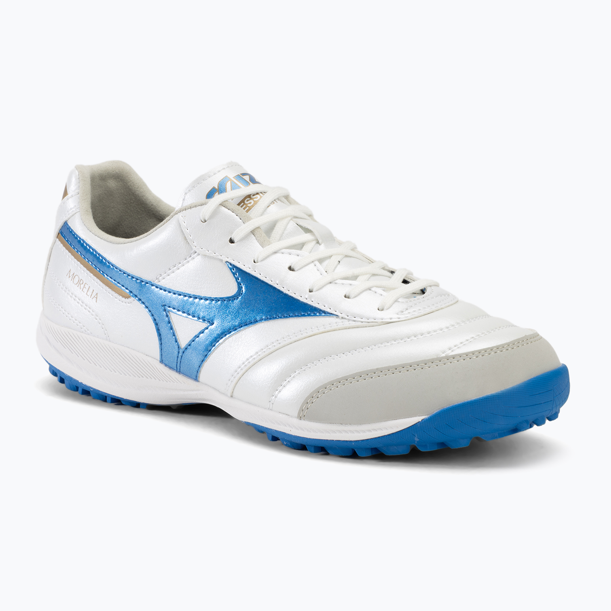 Scarpe da calcio Mizuno Morelia Sala Pro TF uomo bianco/blu laser/oro (44.5 EU) (Morelia Sala Pro Q1GB241325)
