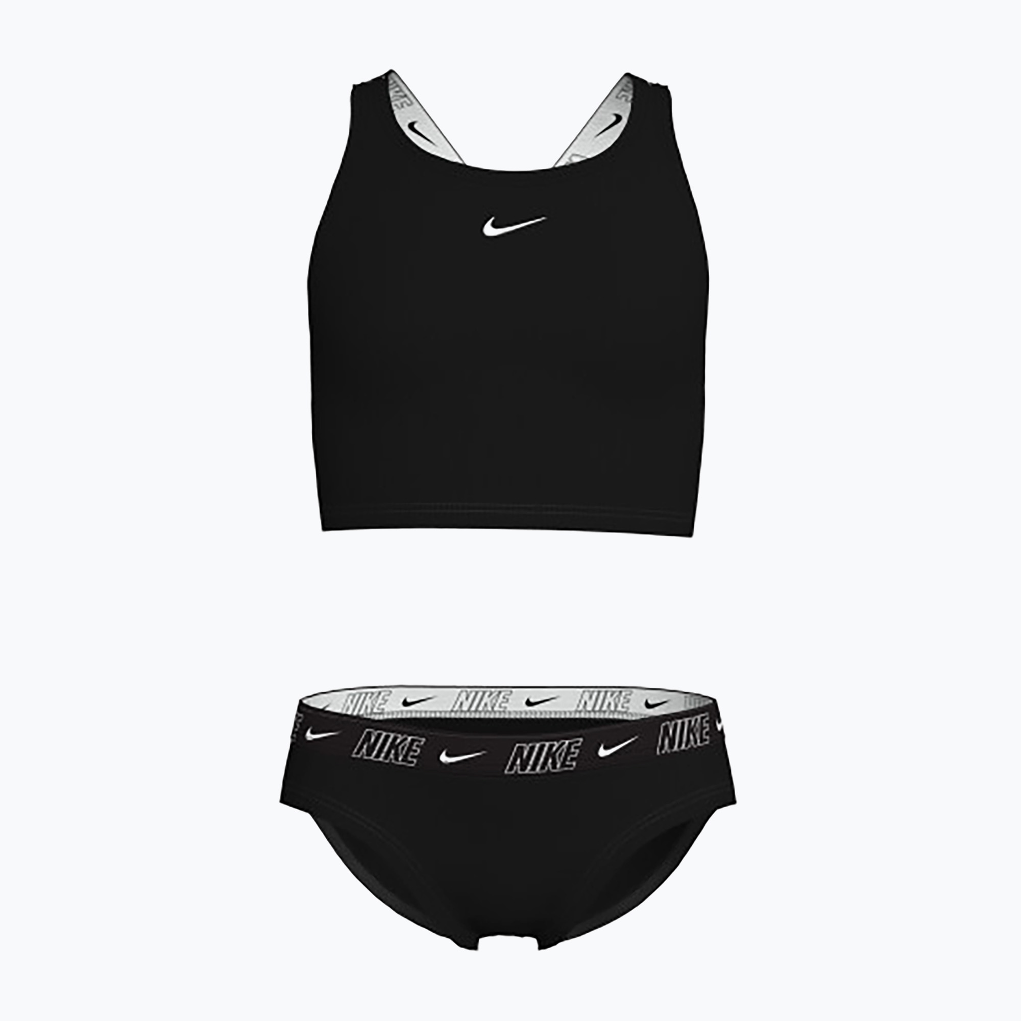 Costume da bagno a due pezzi per bambini Nike Logo Tape Crossback Midkini nero (130-140 (S)) (Logo Tape Crossback Midkini NESSF730-001)