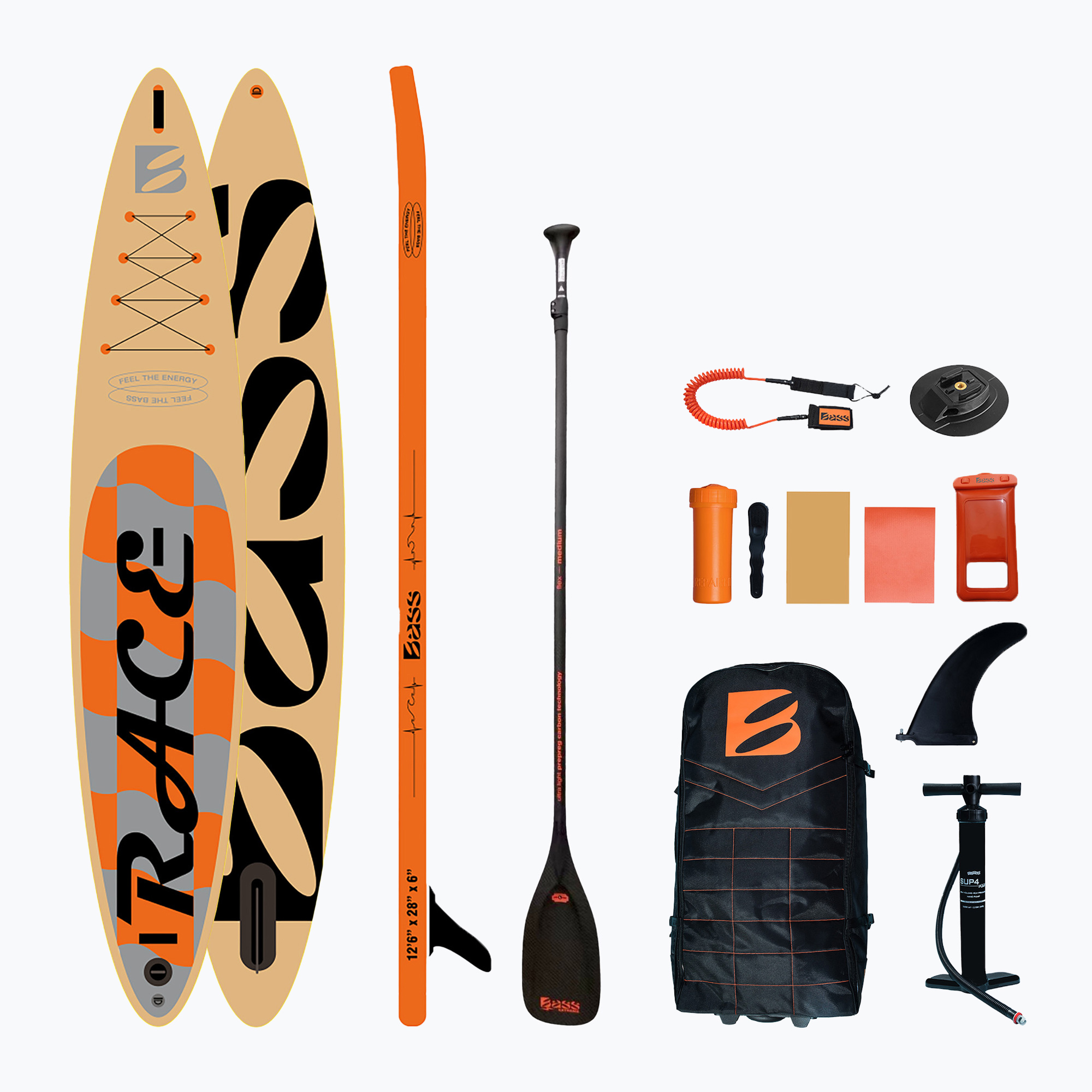 Tavola da SUP Bass Race 12'6" PRO + Extreme Pro M+ arancione (380 Cm) (Race 12'6" PRO + Extreme Pro M+)