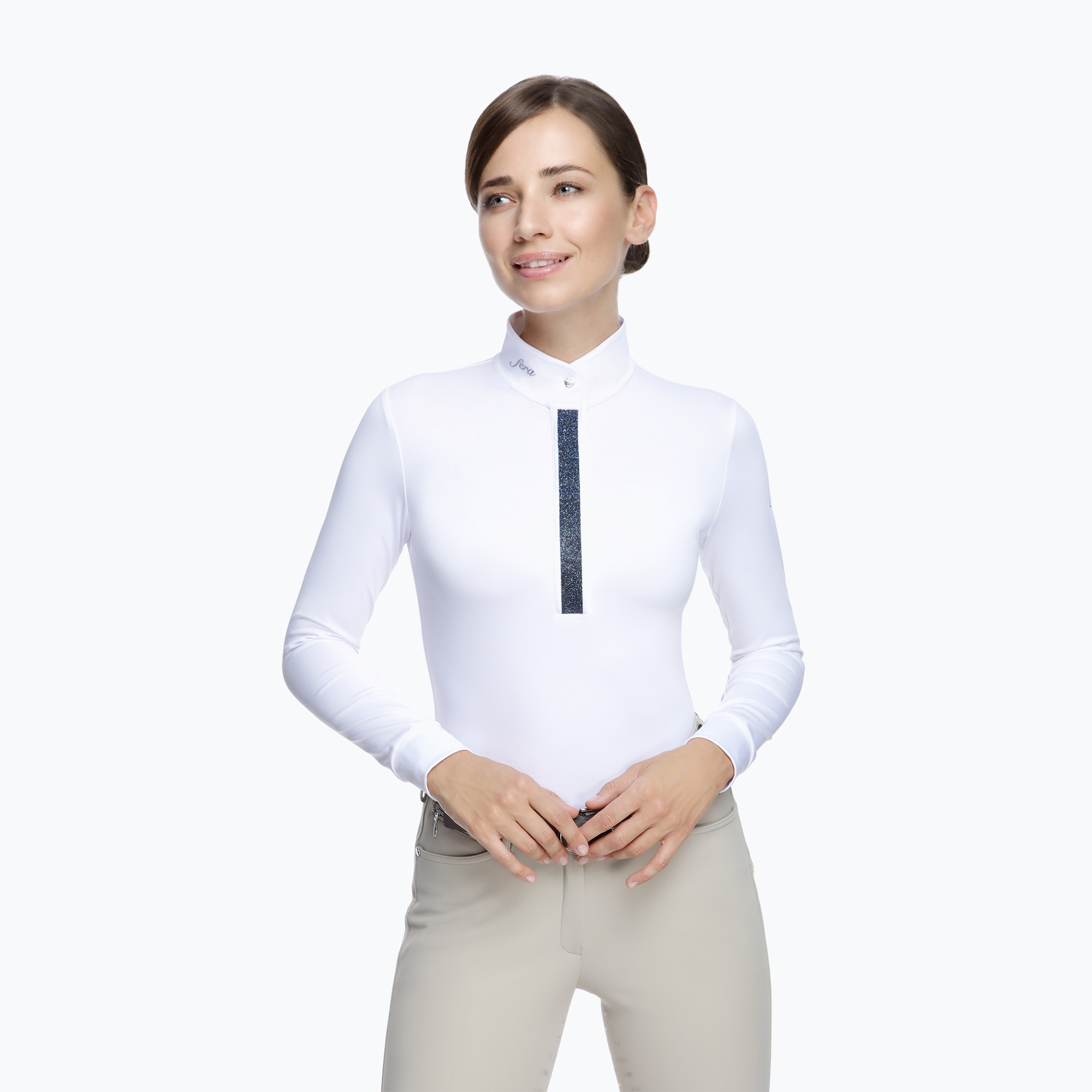 Maglietta a maniche lunghe da competizione FERA Equestrian Stardust bianco/navy da donna (M) (Stardust 1.1.l)