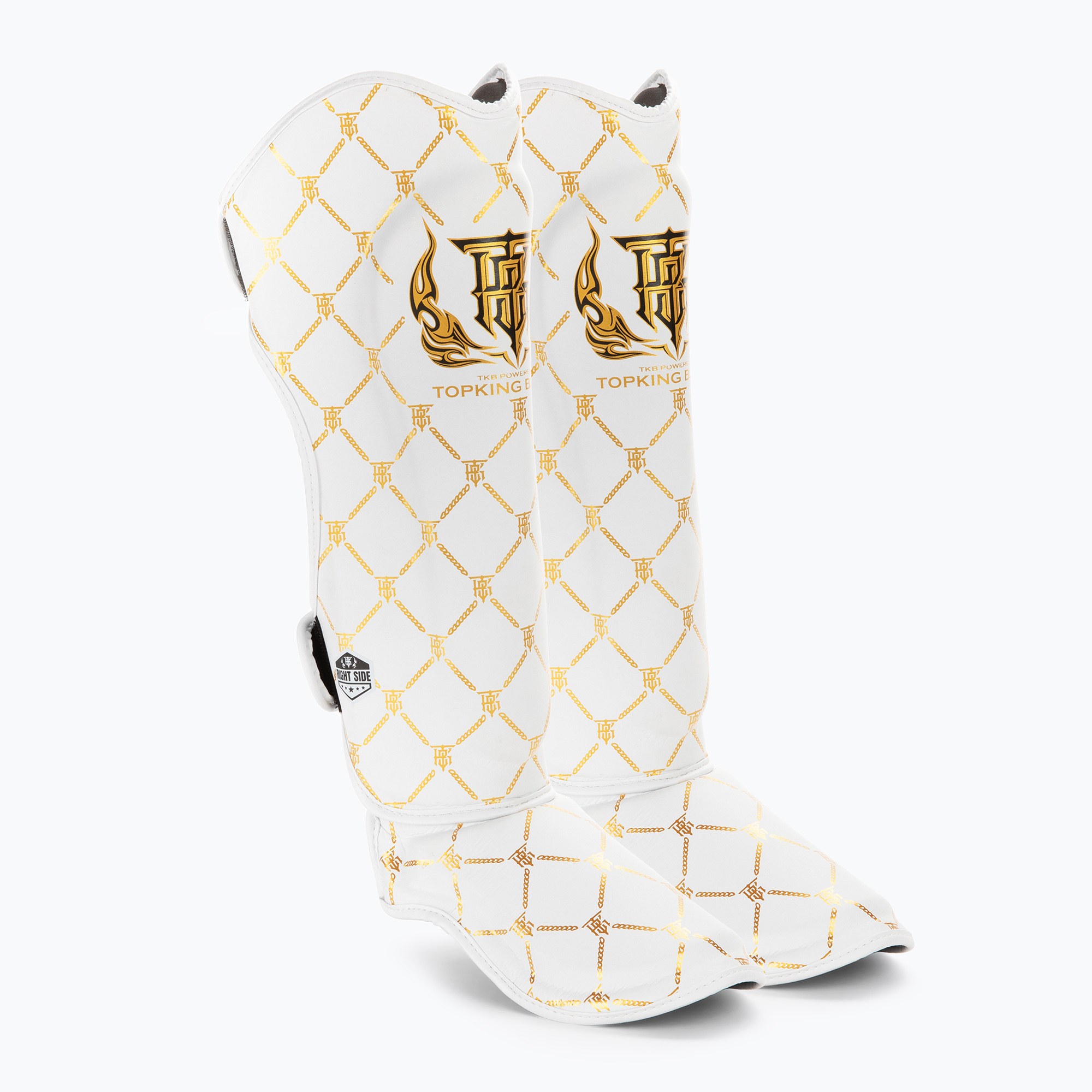 Protezioni per tibie e piedi Top King Chain Semi Leather bianco/oro (XL) (Shin Guards Chain Semi Leather TKSGCH-SL-WH-GD)