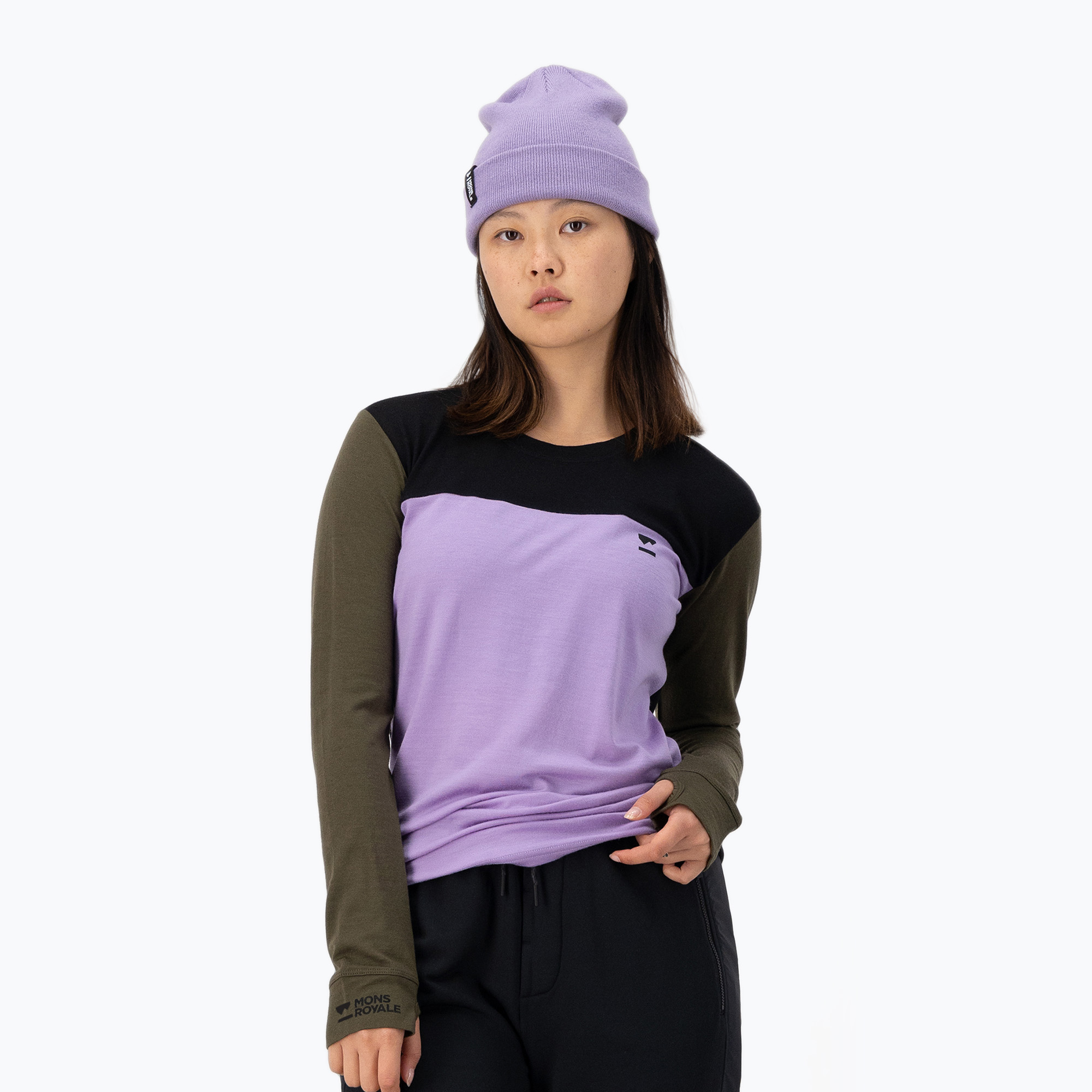 Donna Mons Royale Yotei Merino lupino/ oliva scura/nero manica lunga termica